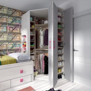 Dormitorio juvenil con armario puertas plegables gran capacidad.