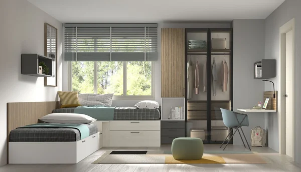 Dormitorio juvenil en L con 2 camas